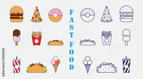 Fast Food Icons Set Vector Design. Fast Food Cartoon Illustration.