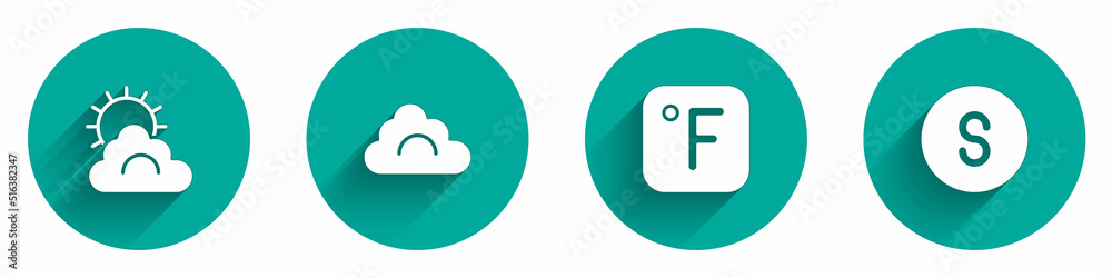 Set Sun and cloud weather, Cloud, Fahrenheit and Compass south icon with long shadow. Vector Set Sun and cloud weather, Cloud, Fahrenheit and Compass south icon with long shadow. Vector