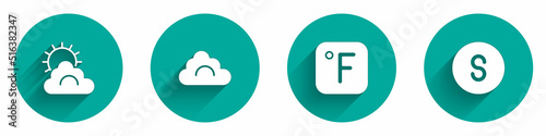 Set Sun and cloud weather, Cloud, Fahrenheit and Compass south icon with long shadow. Vector