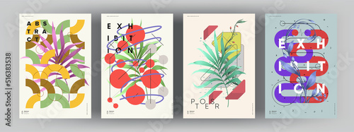 Abstract posters. Botanical banner with geometric shapes, leaves, branch and plants. Set of vector illustrations. Modern painting for interior.