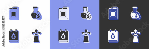 Set Oil rig  Canister for gasoline  drop with dollar symbol and petrol test tube icon. Vector