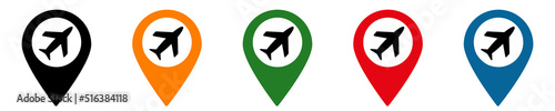 Airplane, flight, airplane concept vector icon set. Set of colorful flat design pointers. Mark on the map. Vector illustration eps10