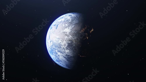 Fly over the spinning planet Earth. Day to night transition as seen from space. Glowing bright city lights shine. Animation of Earth seen from space, the globe spinning on satellite view on dark backg