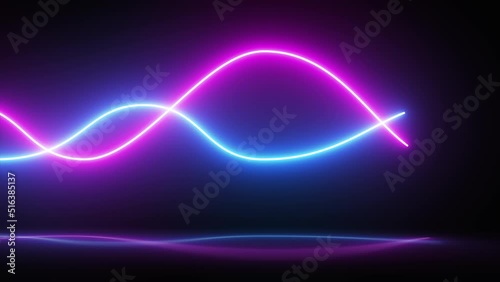 3d render glowing neon lines, abstract background looped animation. Abstract panoramic background, Realistic neon pink and blue wave with reflections. neon light, laser show