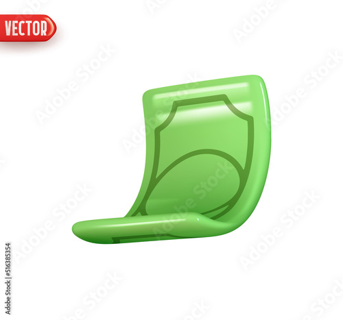 Paper green dollar bill. Realistic 3d design In plastic cartoon style. Icon isolated on white background. Vector illustration