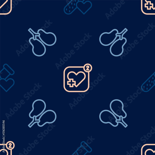 Set line Test tube with blood, Lungs and Mobile heart rate on seamless pattern. Vector