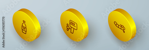 Set Isometric line Bottle of vodka, Outboard boat motor and Inflatable with icon. Vector