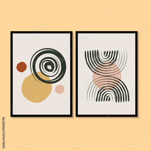Abstract minimalist wall art in green, yellow, orange colors. Simple line style. Geometric shapes, circles, Modern creative pattern.