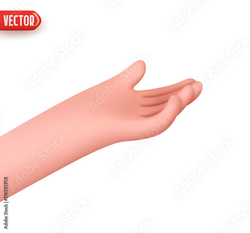 Hand human gesture stretches out his handbreadth to receive. Realistic 3d design In cartoon style. Icon isolated on white background. Vector illustration