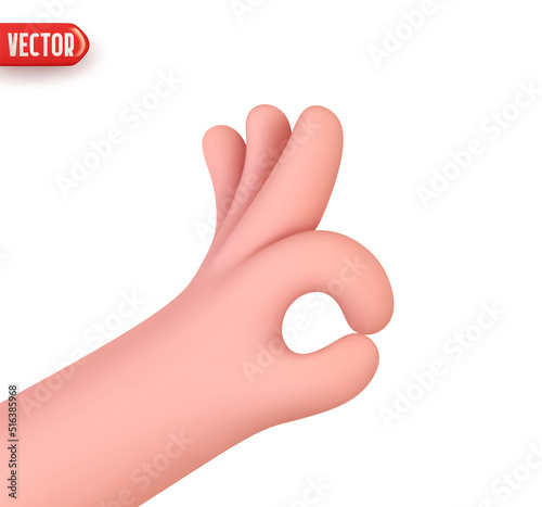 Hand human symbol ok, good gesture. Realistic 3d design In cartoon style. Icon isolated on white background. Vector illustration