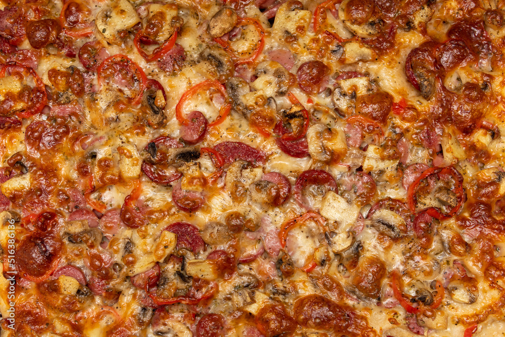 Homemade mushrooms, Turkish sausage, sausage and mozzarella cheese pizza Homemade mushrooms, Turkish sausage, sausage and mozzarella cheese pizza