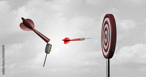 Plan B Business mission goal as an alternative strategy and new plan for success after failure with a second successful dart focused on a bullseye
