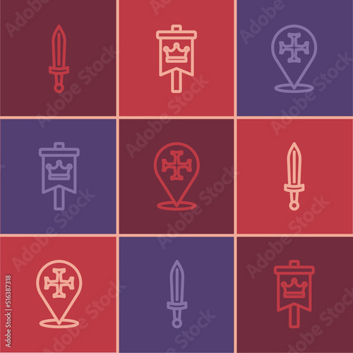 Set line Medieval sword, Crusade and flag icon. Vector