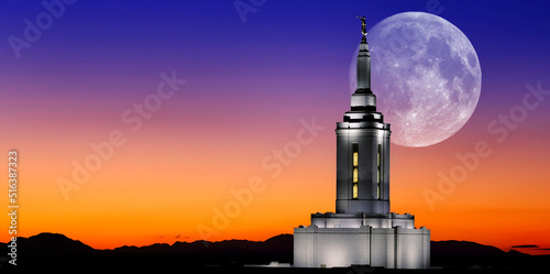 Canvas Print Pocatello Idaho LDS Mormon Temple with Lights at Sunset Full Moon
