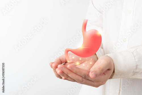 Healthy stomach organ hologram on human hands. Concept of gastric cancer screening, stomach transplant, digestive tract problem and stomach disease treatment. photo