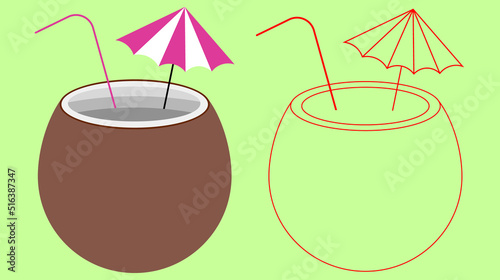 Coconut drink with straw and cocktail umbrella. Coconut cocktail icon. Flat illustration of coconut cocktail. vector illustration
