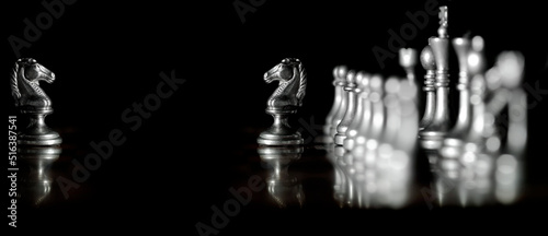 Leinwand Poster Pieces on chess board for playing game and strategy face off battle