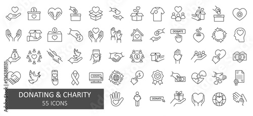 Outline set of volunteering, charity, donation vector icons for web design. Line style