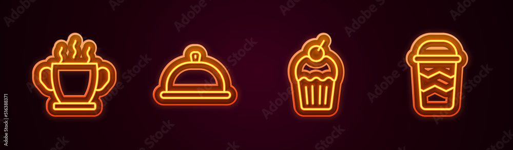 Set line Bowl of hot soup, Covered with tray food, Muffin and Coffee cup to go. Glowing neon icon. Vector Set line Bowl of hot soup, Covered with tray food, Muffin and Coffee cup to go. Glowing neon icon. Vector