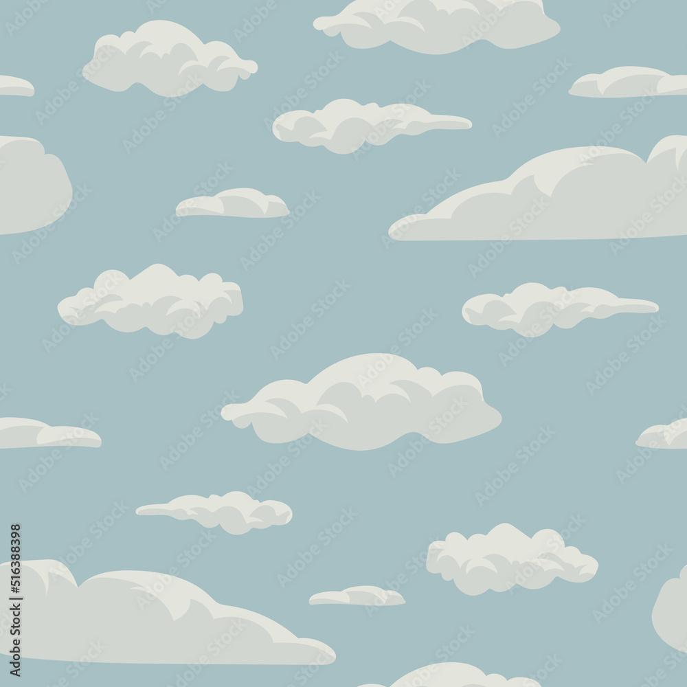 Cartoon white clouds isolated on blue sky. Cloudscape in the sky seamless pattern. Flat clouds background collection	
