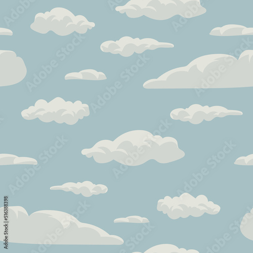 Cartoon white clouds isolated on blue sky. Cloudscape in the sky seamless pattern. Flat clouds background collection 