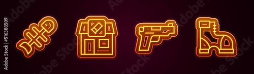 Set line Dead fish, Hunting shop, Pistol or gun and Hunter boots. Glowing neon icon. Vector