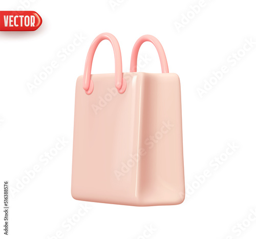 Bag with handle is stylish for shopping. Shopping pink packages. Realistic 3d design In plastic cartoon style. Icon isolated on white background. Vector illustration