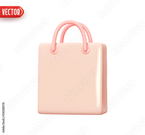 Bag with handle is stylish for shopping. Shopping pink packages. Realistic 3d design In plastic cartoon style. Icon isolated on white background. Vector illustration