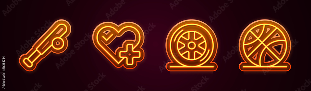 Set line Baseball bat with ball, Heart rate, Car wheel and Basketball. Glowing neon icon. Vector