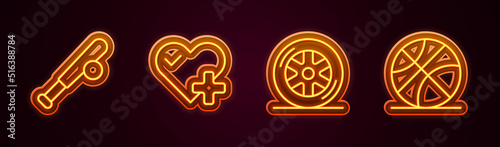 Set line Baseball bat with ball, Heart rate, Car wheel and Basketball. Glowing neon icon. Vector