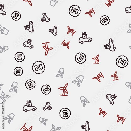 Set line Banner for bio, Electric car, Plant in pot and Wind turbine on seamless pattern. Vector