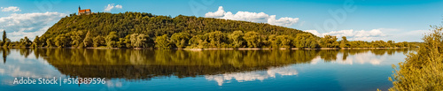 High resolution stitched panorama with reflections near the famous Bogenberg mountain, Bogen, Danube, Bavaria, Germany