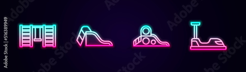 Set line Swedish wall, Slide playground, and Bumper car. Glowing neon icon. Vector