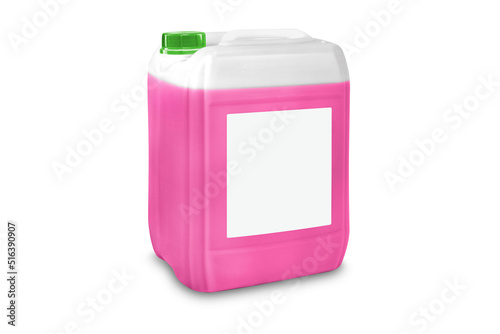 Can with liquid, isolated on white. Pink antifreeze liquid for car in canister. Plastic bottle or gallon of hand gel, soap or hand sanitizer alcohol gel, coronavirus protection concept.