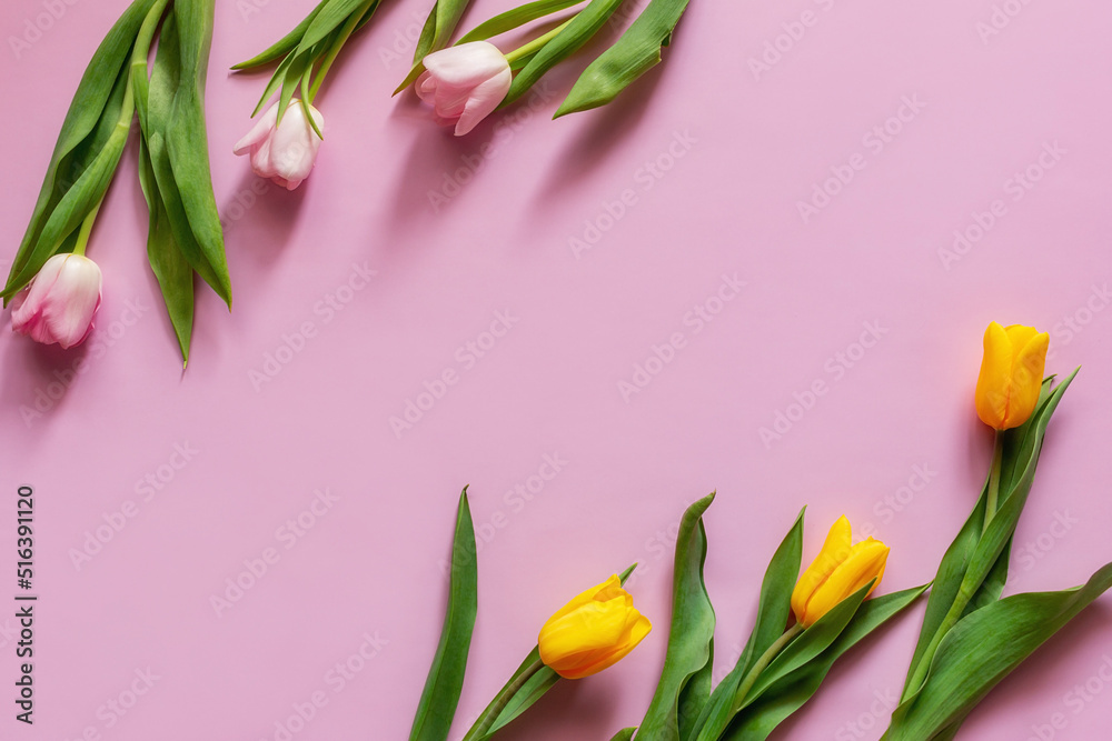 pink and yellow tulips on a pink background