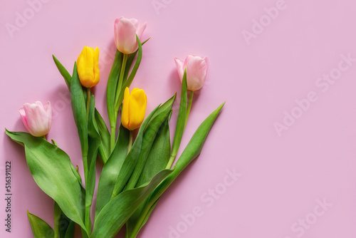 bouquet of tulips on a pink background with space for text close-up © itakdalee