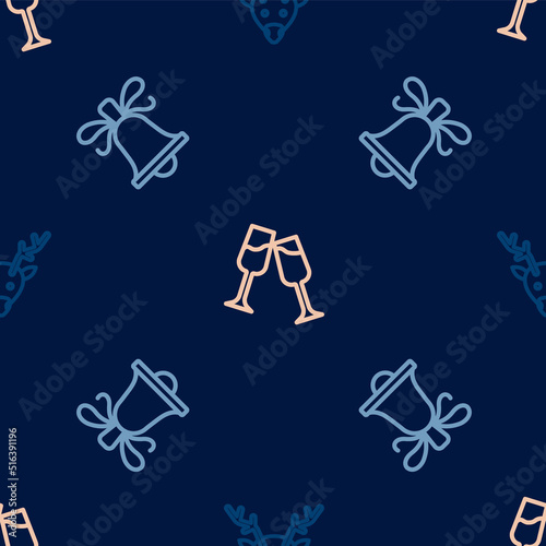 Set line Reindeer, Christmas ringing bell and Glass of champagne on seamless pattern. Vector