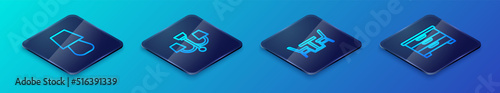 Set Isometric line Table with chair, lamp, Chest of drawers and Chandelier icon. Vector