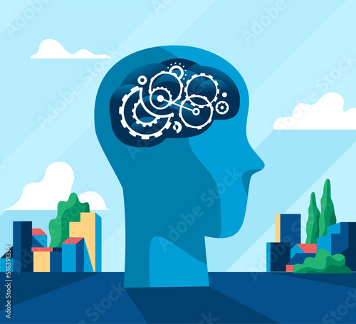 Testa umana con gli ingranaggi nel cervello in città