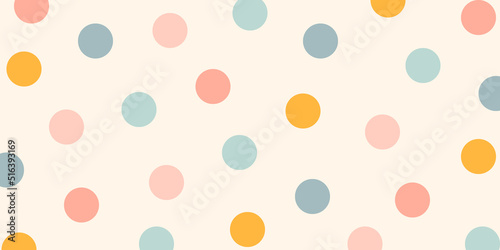 Cute irregular Polka dot pattern background. Festive pastel spotted vector horizontal panoramic template background. Chaotic colorful spots, circles. Abstract backdrop layout for promo card, banner.