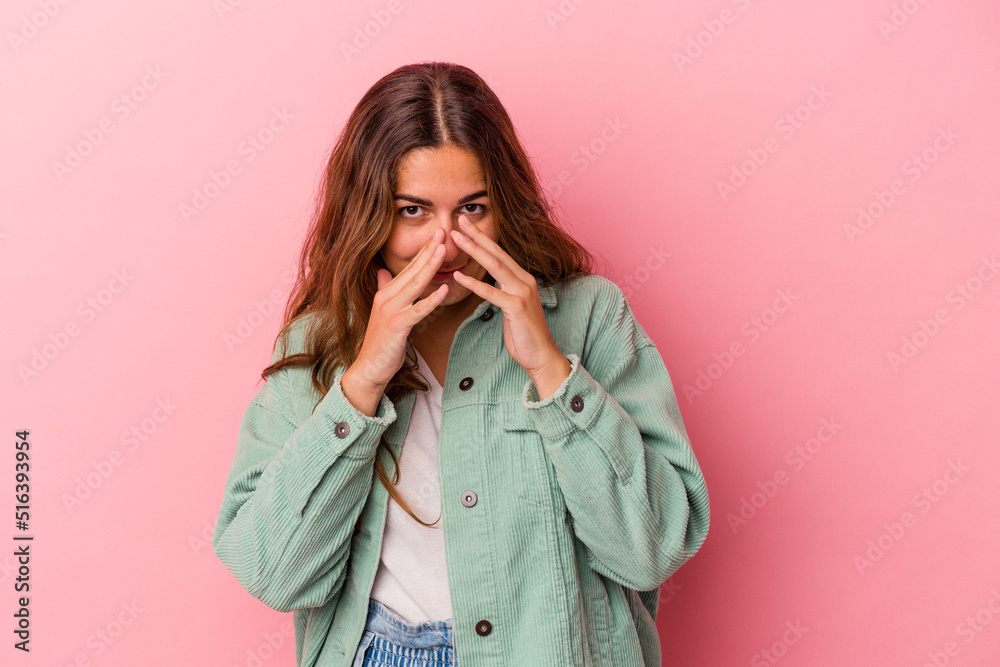 Young caucasian woman isolated on pink background making up plan in mind, setting up an idea. Young caucasian woman isolated on pink background making up plan in mind, setting up an idea.
