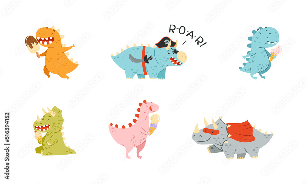 Sweet baby dinosaurs with ice cream set. Cute prints for nursery, t-shirt, kids apparel, party design cartoon vector illustration Sweet baby dinosaurs with ice cream set. Cute prints for nursery, t-shirt, kids apparel, party design cartoon vector illustration