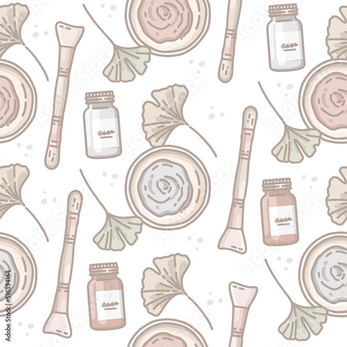 Сlay mask is mixed in the bowl. White and red clay. Application brush, cosmetic packaging. Leaves of the medicinal plant, Ginkgo Biloba. Dots, white background. Vector illustration,  seamless pattern.