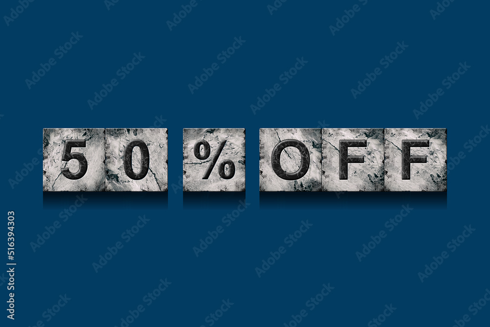 10 percent off. Word on stone blocks. Isolated on dark blue background. Design element. Business. 10 percent off. Word on stone blocks. Isolated on dark blue background. Design element. Business.