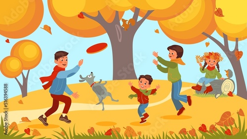 Autumn park family. Parents with children in forest. People play on nature. Outdoor activity