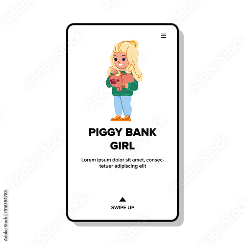piggy bank girl vector. money child, happy kid, young home finance person piggy bank girl web flat cartoon illustration