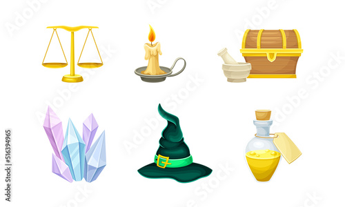 Set of witchcraft accessories. Scales, chest, burning, candle, witch hat, magical elixir cartoon vector illustration