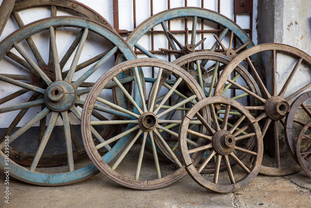 Old wagon wheels at a farm