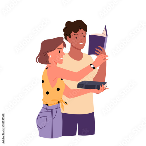 People reading paper books vector illustration. Cartoon isolated students holding books together to read and study, young man and woman bookcrossing, sharing literature on readers party, festival