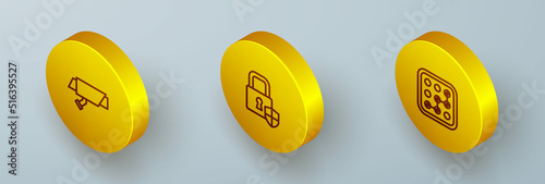 Set Isometric line Security camera, Shield security with lock and Graphic password protection icon. Vector